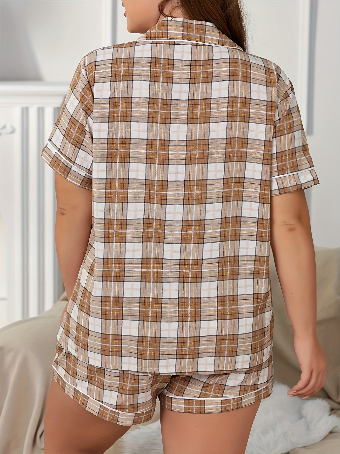 Women's Plus Plaid Print Short Sleeve Pajamas Set