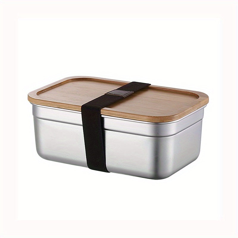 Square Lunch Box Bamboo Lid Bento Stainless Steel Crisper Travel Food Containers