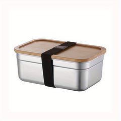 Square Lunch Box Bamboo Lid Bento Stainless Steel Crisper Travel Food Containers