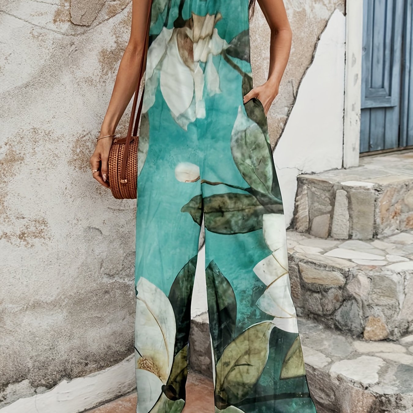 Boho Floral Wide Leg Jumpsuit Pocket Cami Summer