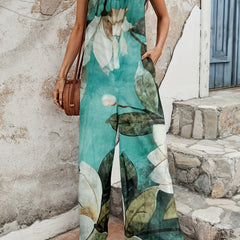 Boho Floral Wide Leg Jumpsuit Pocket Cami Summer