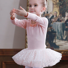 Girl's Bow Lace Tulle Tutu Mesh Long Sleeve Ballet Dance Dress