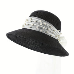 Summer Wide Brim Bucket Hat Faux Pearl Strap Sunscreen Straw Hats Fisherman Cap