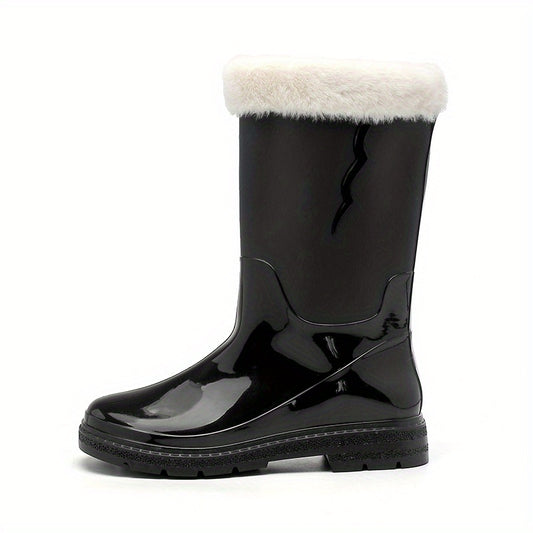 Women's Fleece Liner Rain Boots Slip on Mid Calf Boots
