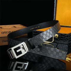 Men's Checkerboard Pattern Cowhide Belt 3 1/4in Auto Buckle Adjustable 304 Stain