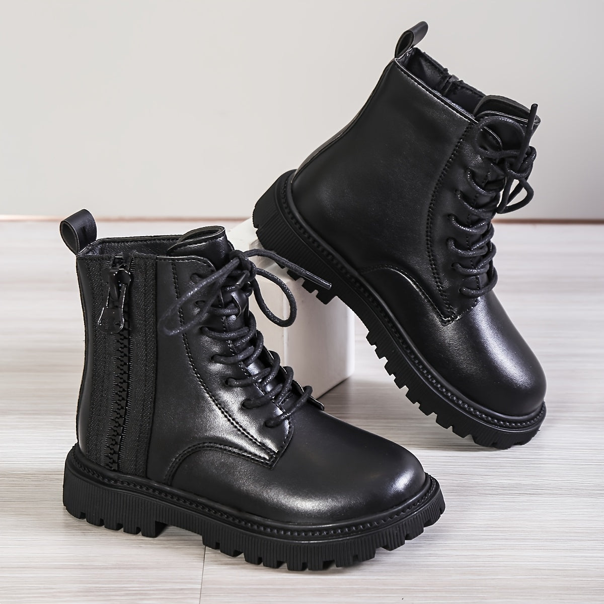 Girls Lace Up Ankle Boots Non Slip Side Zipper Comfortable Kids Shoes