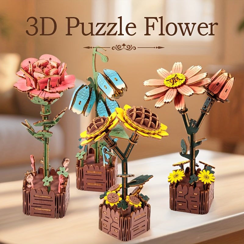 3D Rose Puzzle Wooden DIY Floral Model - No Electricity Needed
