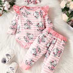 Baby Girls Cartoon Print Bodysuit Pants Headband Set