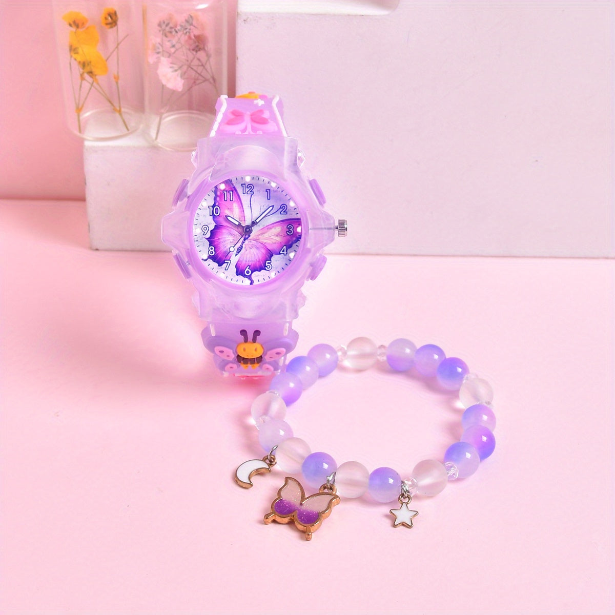 Girls' 3D Butterfly Silicone Strap Watch Set