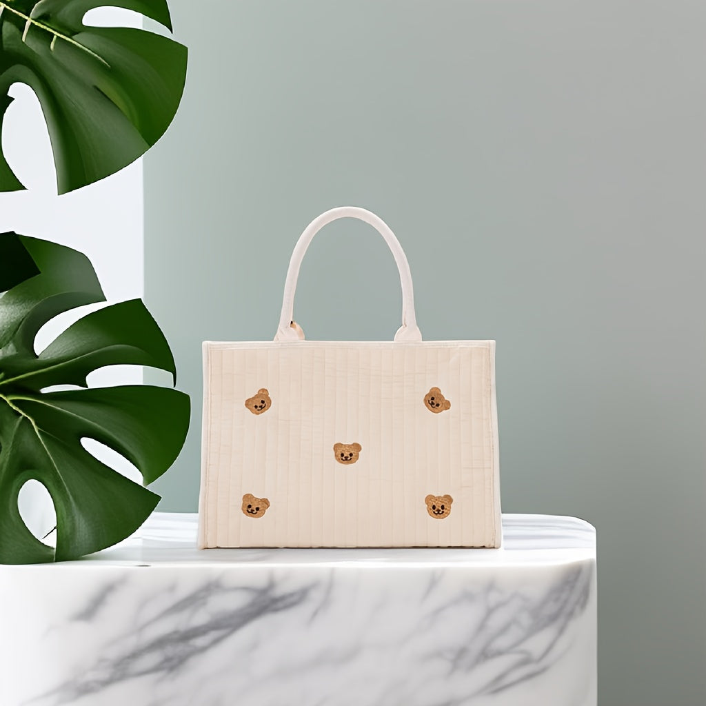 Beige Polyester Diaper Bag with Bear Functional Mommy Tote