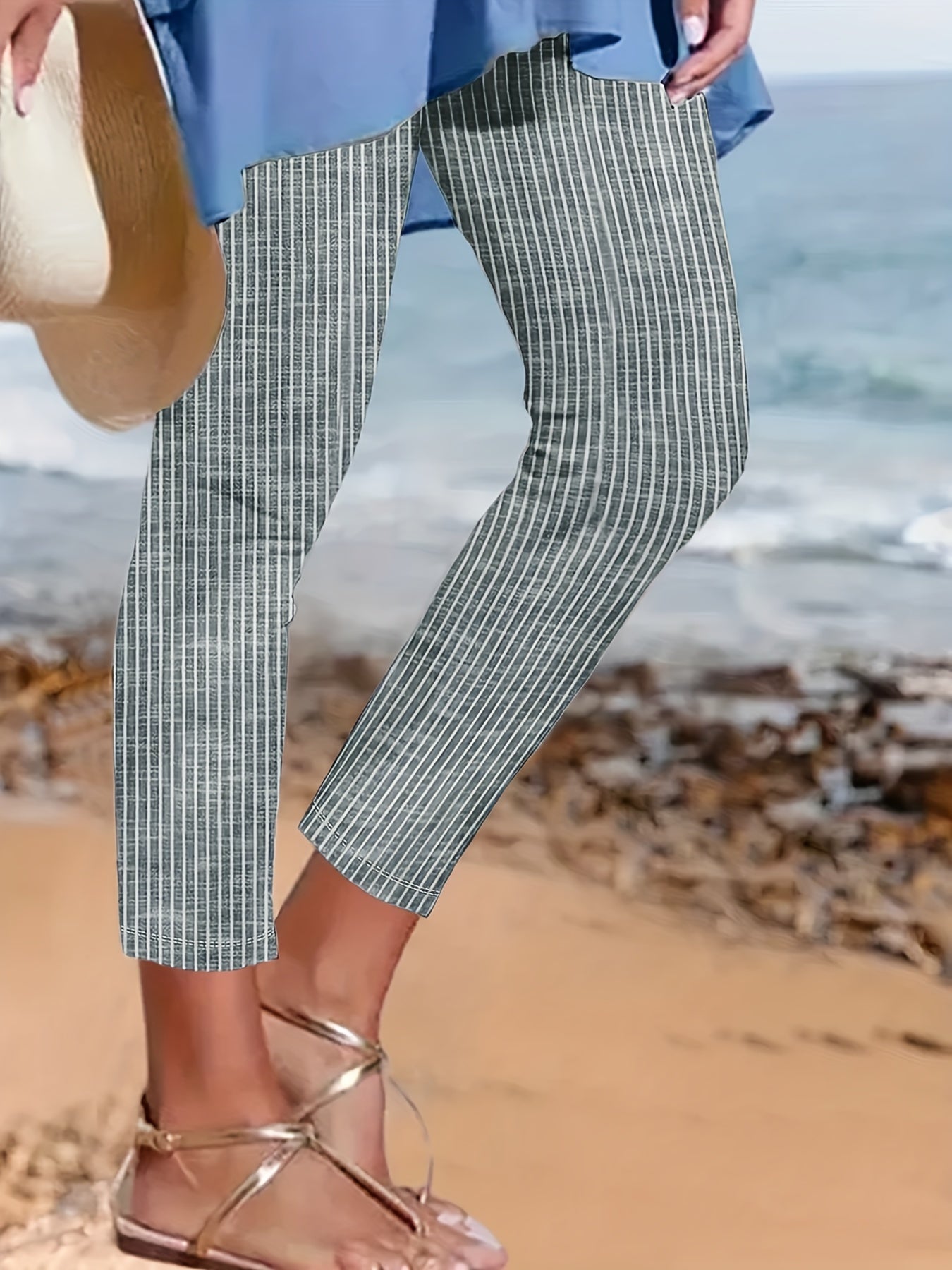 Striped Print Leggings Casual Long Length Versatile Leggings