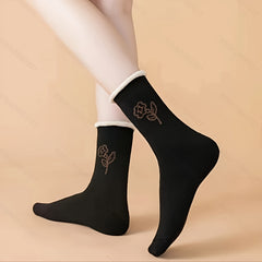 5 Pairs Winter Floral Pattern Warm Mid-calf Socks