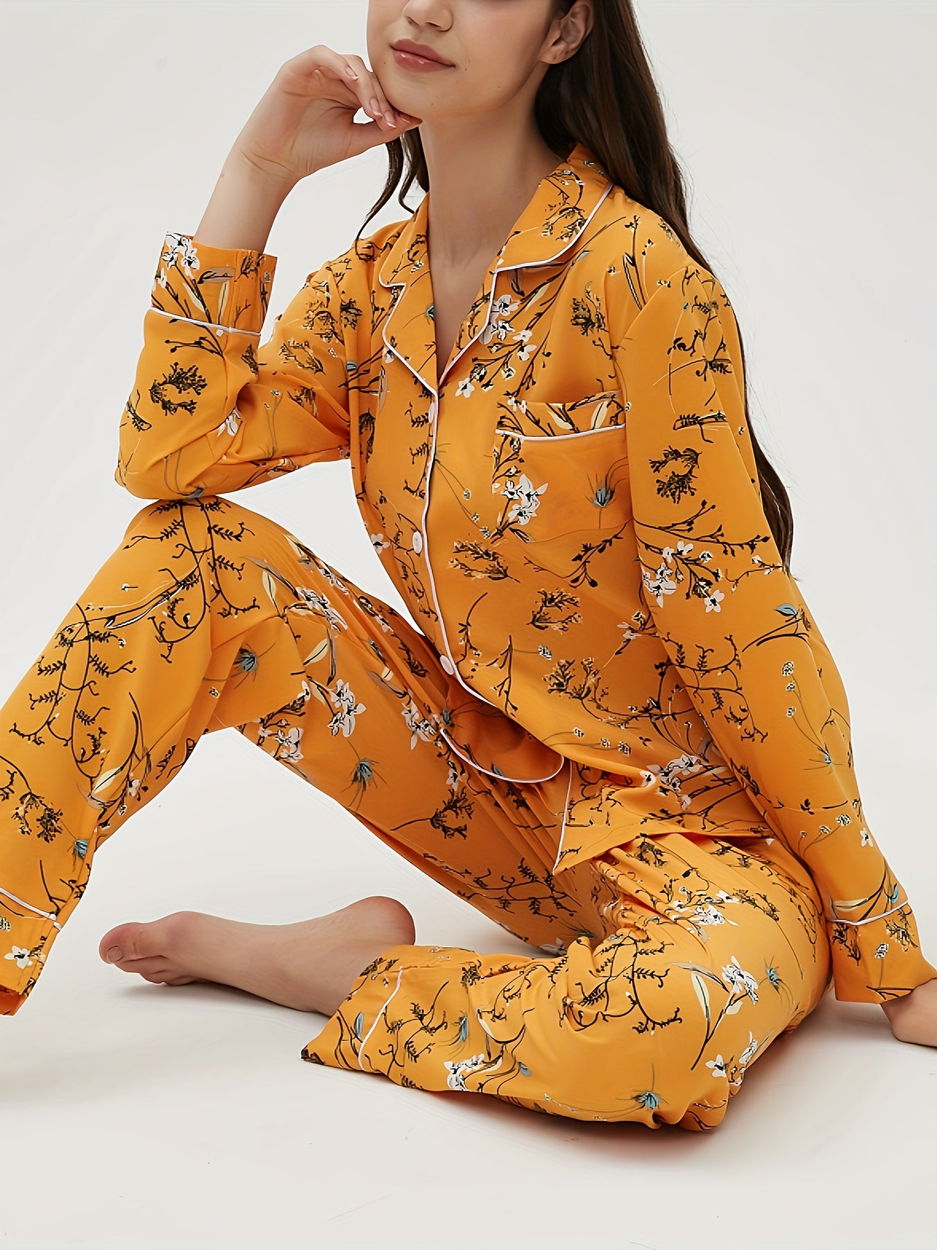 Floral Print Pajama Set Long Sleeve Top & Elastic Waistband Pants