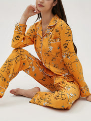 Floral Print Pajama Set Long Sleeve Top & Elastic Waistband Pants