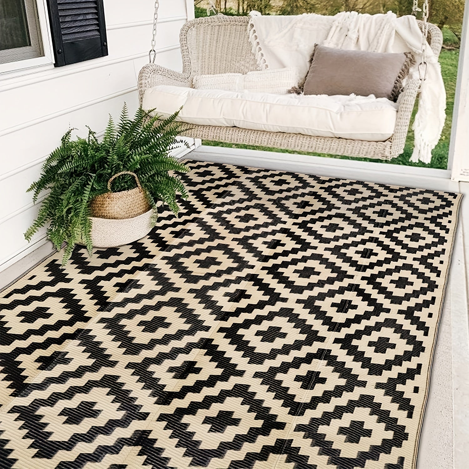 Beige Plaid Outdoor Rug Mat - Reversible Patio Rug