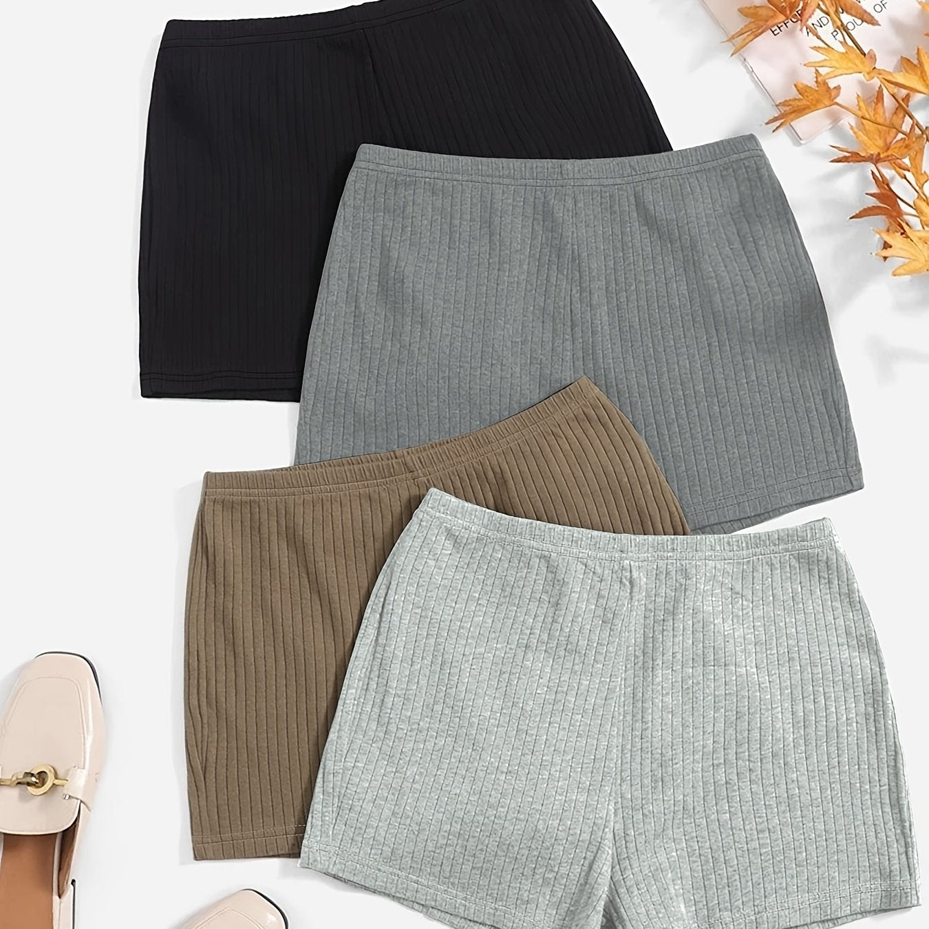 4 Pack Plus Size Casual Shorts Set Women's Plus Ribbed High Rise Shorts
