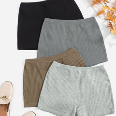 4 Pack Plus Size Casual Shorts Set Women's Plus Ribbed High Rise Shorts