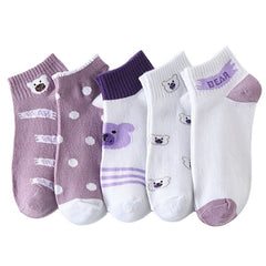5 Pairs Cartoon Print Graphic Ankle Crew Socks Women's Floral Multi One Size