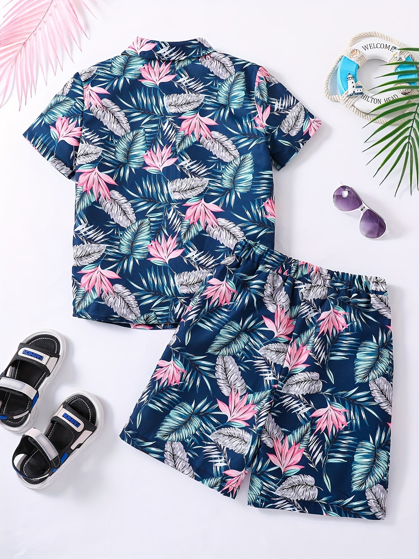 Boys Hawaiian Shirt & Shorts Set Tropical Plant Print Vacation Beach Wear