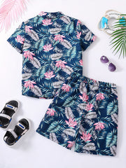 Boys Hawaiian Shirt & Shorts Set Tropical Plant Print Vacation Beach Wear