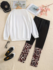 Girls Leopard Print Sweatshirt Top & Leggings Set for Kids