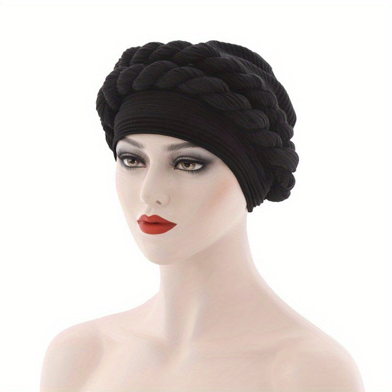 Double Braid Pre tied Turban Cap Solid Pleated Head Wrap Elastic Bonnet