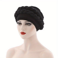Double Braid Pre tied Turban Cap Solid Pleated Head Wrap Elastic Bonnet