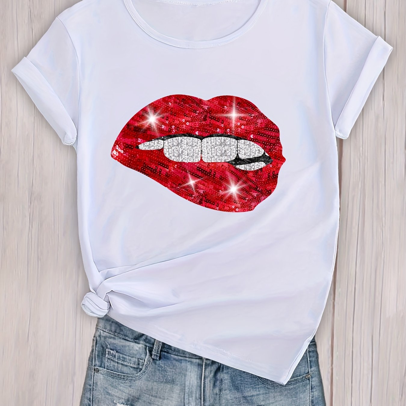 Sexy Lips Print T Shirt Crew Neck Short Sleeve Casual Sport Tops