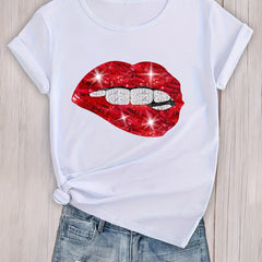 Sexy Lips Print T Shirt Crew Neck Short Sleeve Casual Sport Tops