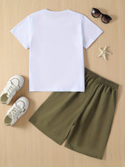 Boys Casual POSITIVE Graphic Print Tee&Shorts Set Summer Kids Clothing