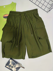 Solid Cargo Shorts Elastic Waist Wide Leg Shorts