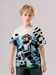 Pixel Football Player T-Shirt Boys Short Sleeve Top Summer Kids Outgoing Clothes