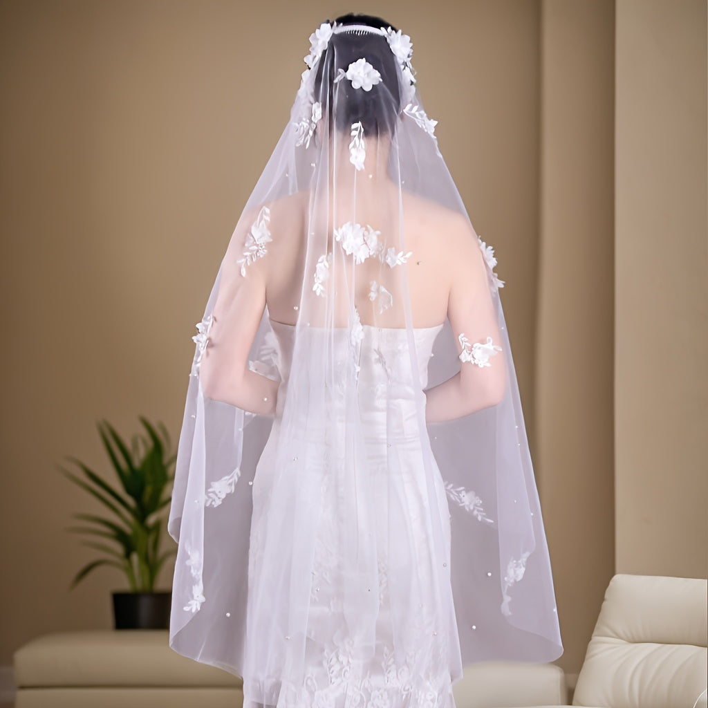 Floral Veil for Bridal Attire 100 Polyester Flower Embellished Wedding Head Veil