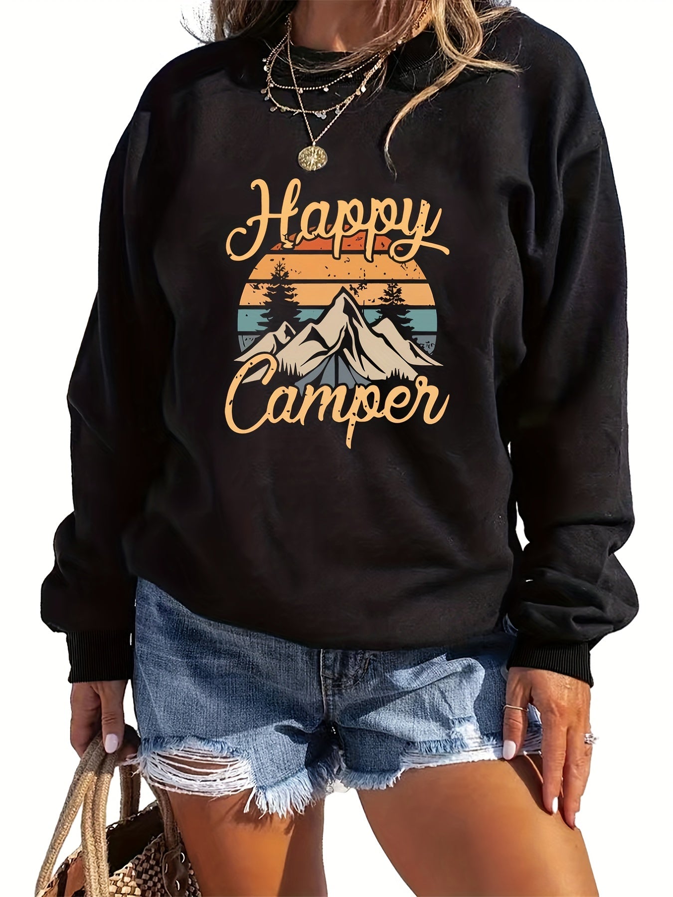 Mountain & Letter Print Pullover Sweatshirt Long Sleeve Crew Neck Sweatsh