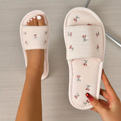 Cherry Pattern Plush Slippers Open Toe Bedroom Shoes