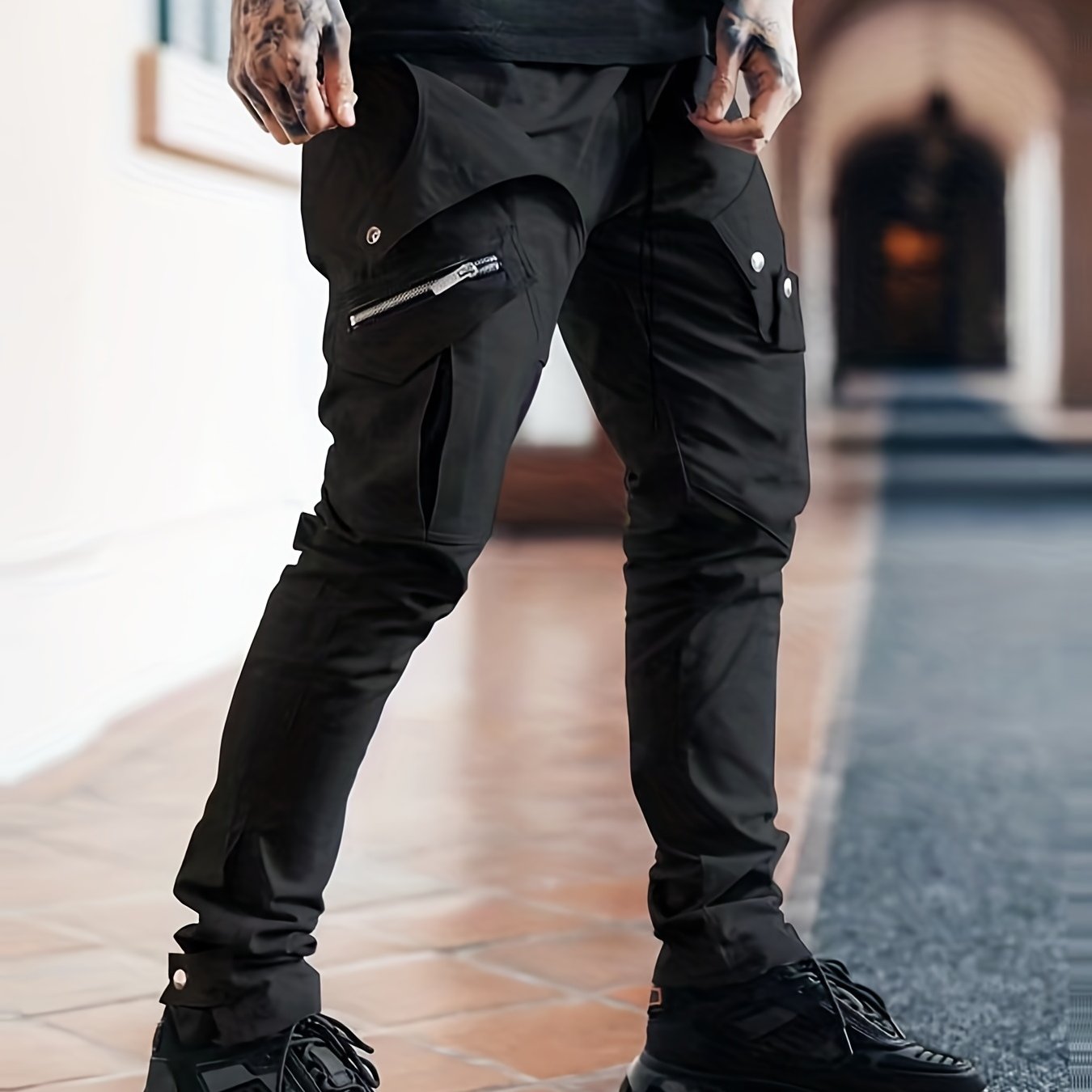 Men's Drawstring Cargo Pants Zip Pocket Slim Fit Outdoor Pants