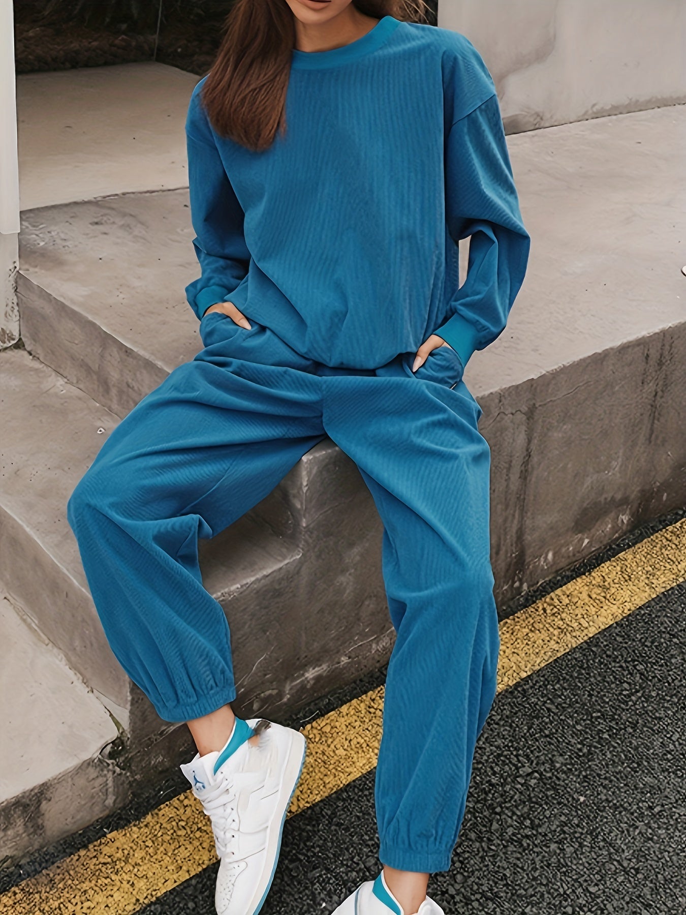 Solid Corduroy Sweatshirt & Joggers Set
