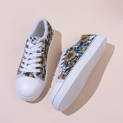 Floral & Leopard Print Lace-Up Low Round Toe Lightweight Flat Shoes
