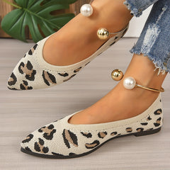 Leopard Printed Point Toe Slip On Flat Shoes with Metallic Strap