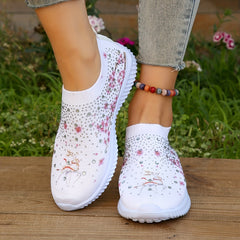 Floral Print Sock Shoes with Rhinestone Decor Low Top Slip On Women's Shoes