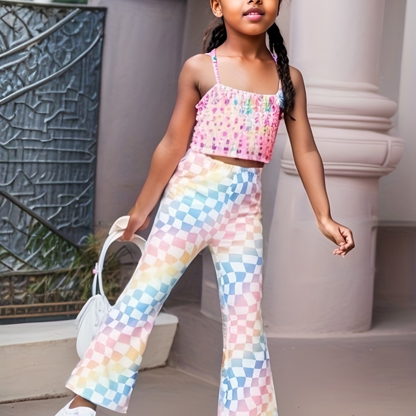 Girls' Colorful Plaid Bell Bottom Pants For Casual Street