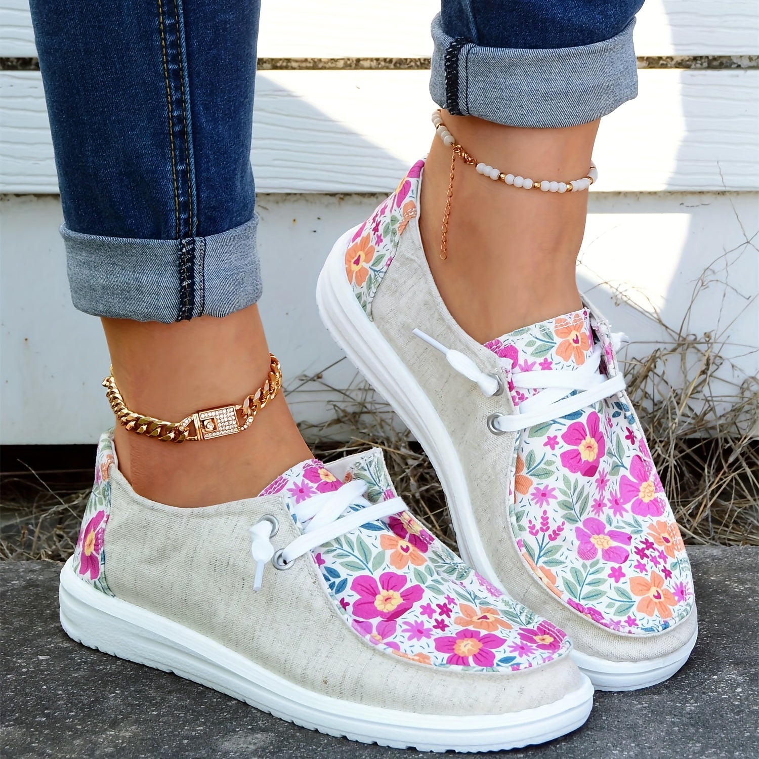 Women's Flower Patchwork Boat Shoes Lace Up Casual Canvas Shoes