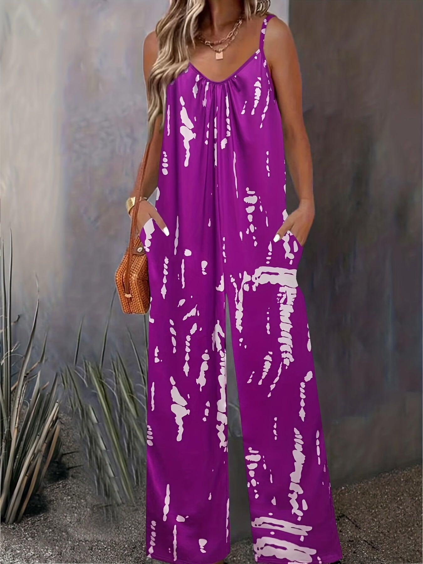 Tie Dye Wide Leg Cami Jumpsuit Casual Sleeveless Jumpsuit