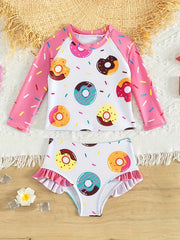 Girls' Donut Graphic Long Sleeve Swimwear Set, 2pcs