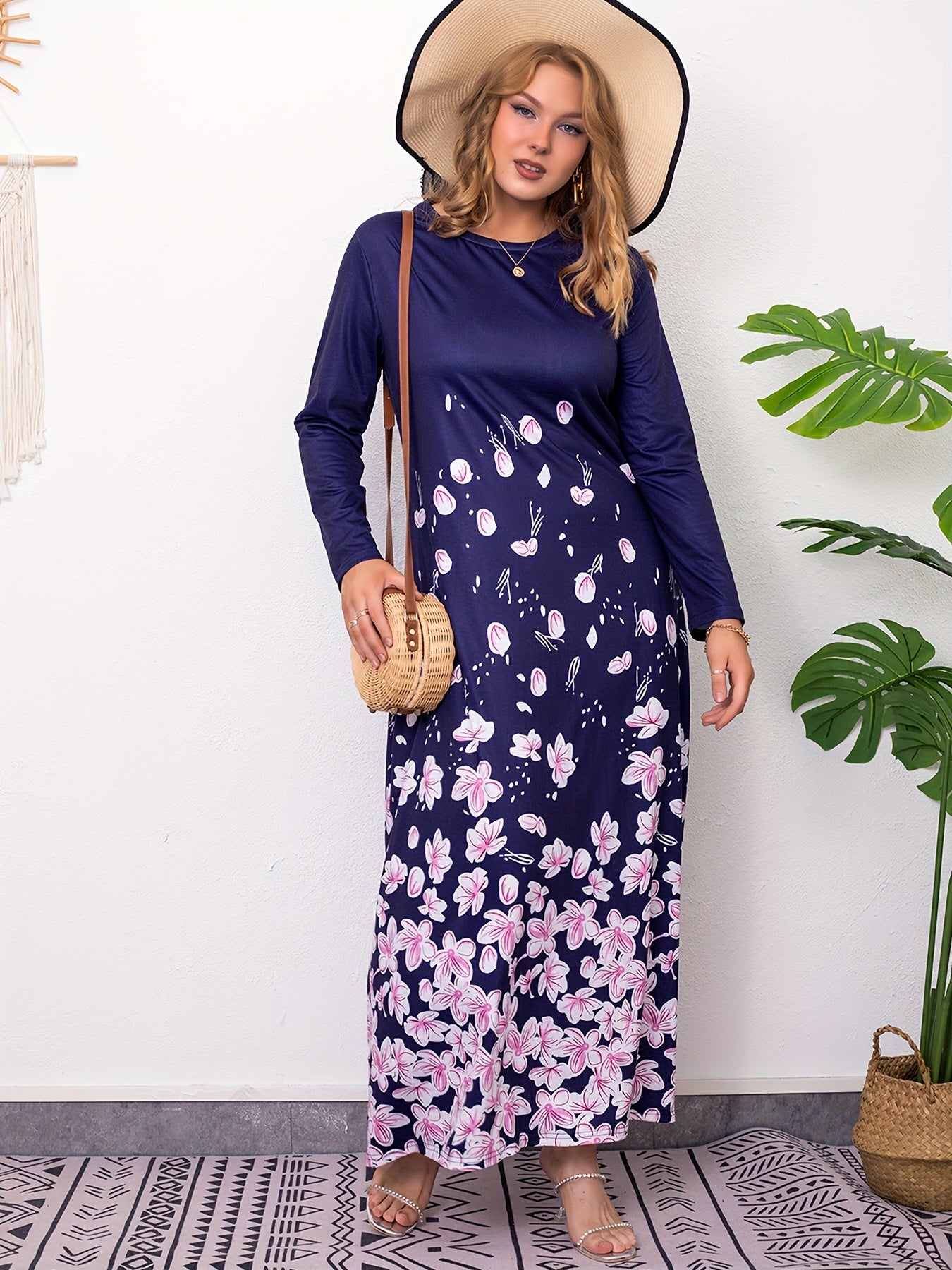 Floral Print Long Sleeve Stretch Dress Plus Size