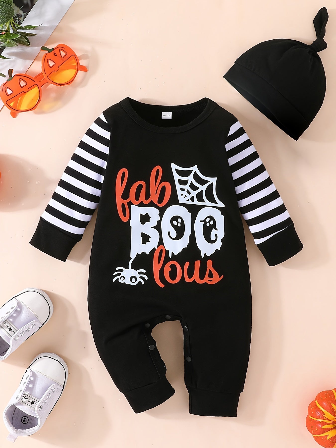 Halloween Striped Long Sleeve Romper Set Baby Bodysuit Hat 2pcs