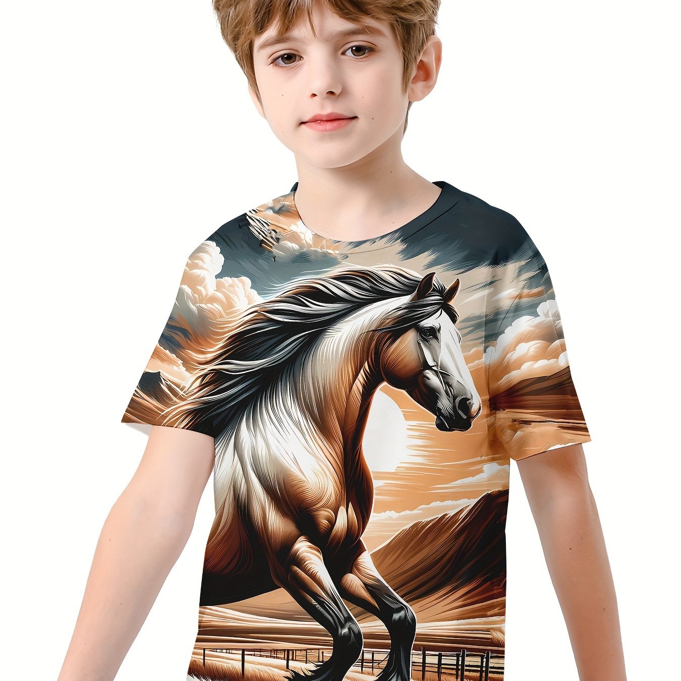 Running Horse 3D Print Boy's Casual Tees Short Sleeve Crew Neck