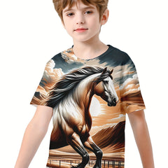 Running Horse 3D Print Boy's Casual Tees Short Sleeve Crew Neck