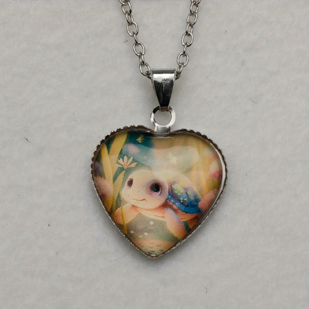 Little Turtle With Flower Animal Detail Heart Pendant Necklace