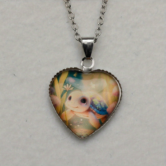 Little Turtle With Flower Animal Detail Heart Pendant Necklace